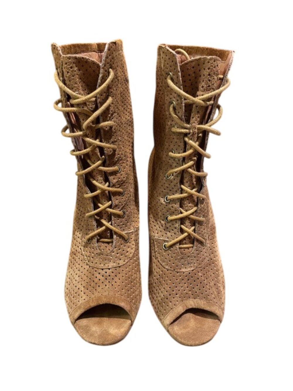 Jeffrey Campbell SYD Ibiza Tan Suede Perforated Lace Up Wedge Ankle Boots Size 6